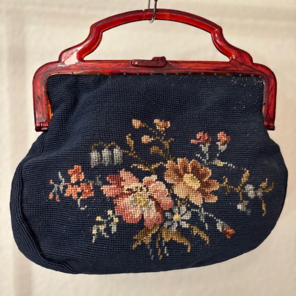 Vintage Sewing Tapestry Bag/Handbag with Bakelite Handle, Blue Floral. Clutch - Picture 14 of 16
